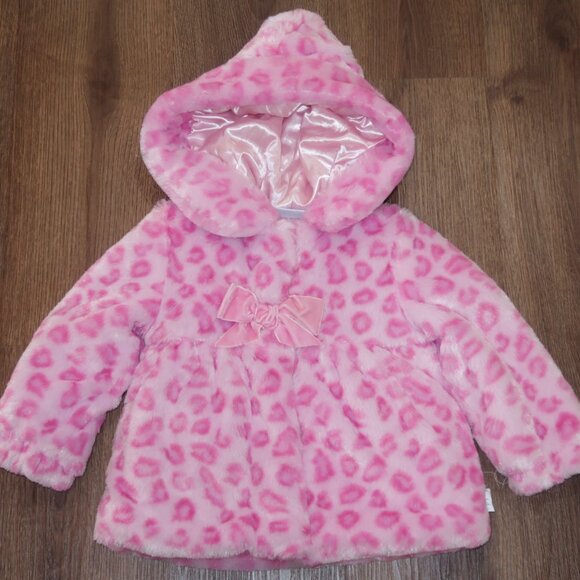 Infant Girls Bon Bebe Pink Cheetah Leopard Print Faux Fur Cozy Winter Coat 18m